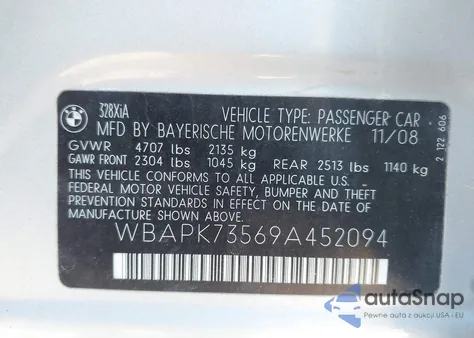 2009 BMW 328I xDrive z USA, uszkodzony, nr VIN WBAPK73569A452094